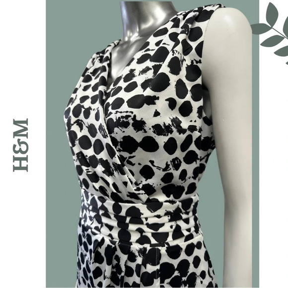 🛍️3/$40 H&M Black White Sleeveless Faux Wrap Lined Dress  Size 8 - Picture 4 of 9